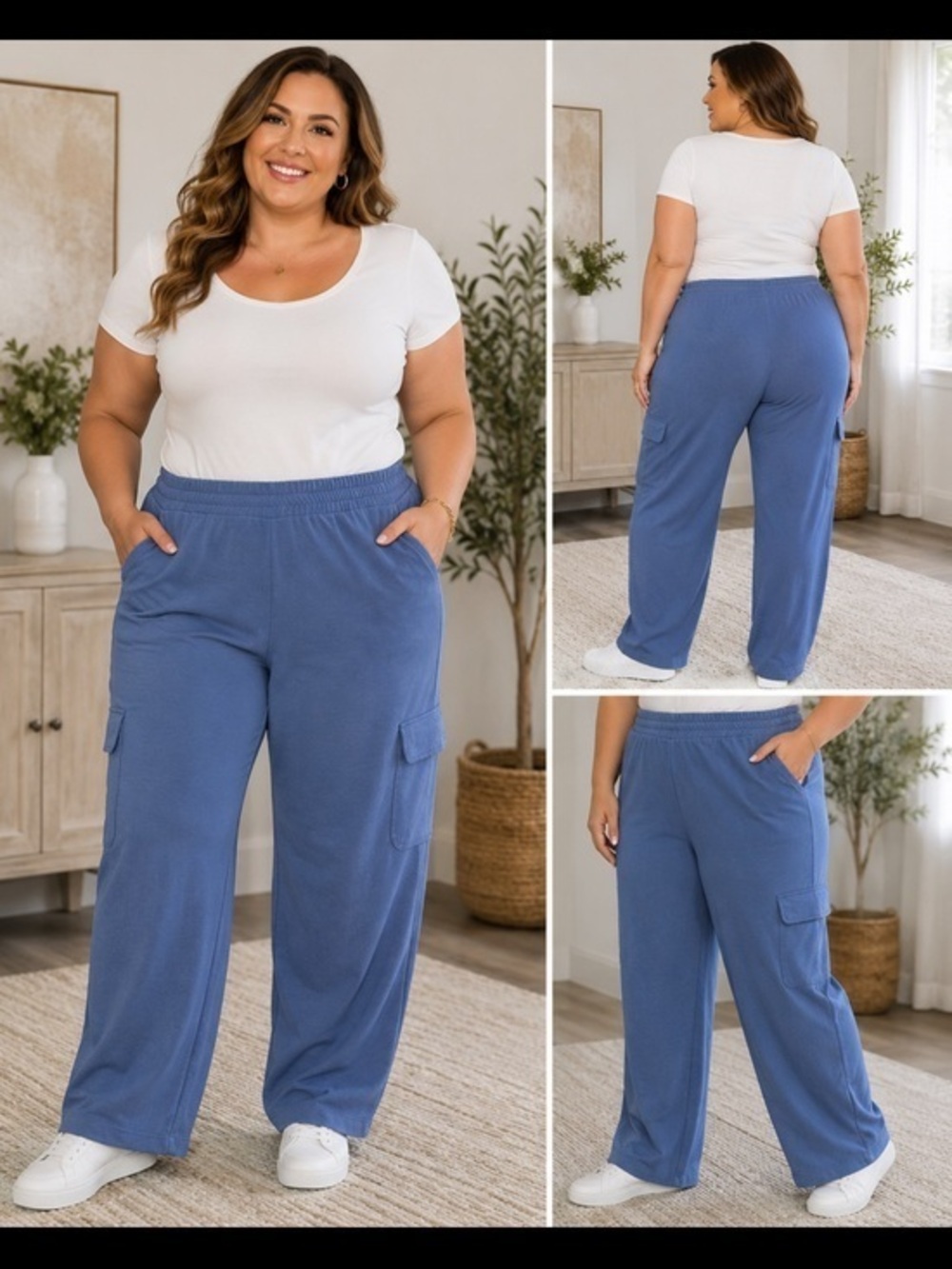 Soft Surroundings Blue Cargo Knit Pants 2X Pull On Wide Leg Lounge Travel Pocket